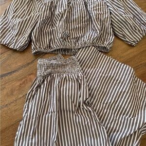 LOFT Brown and White Striped Jumpsuit